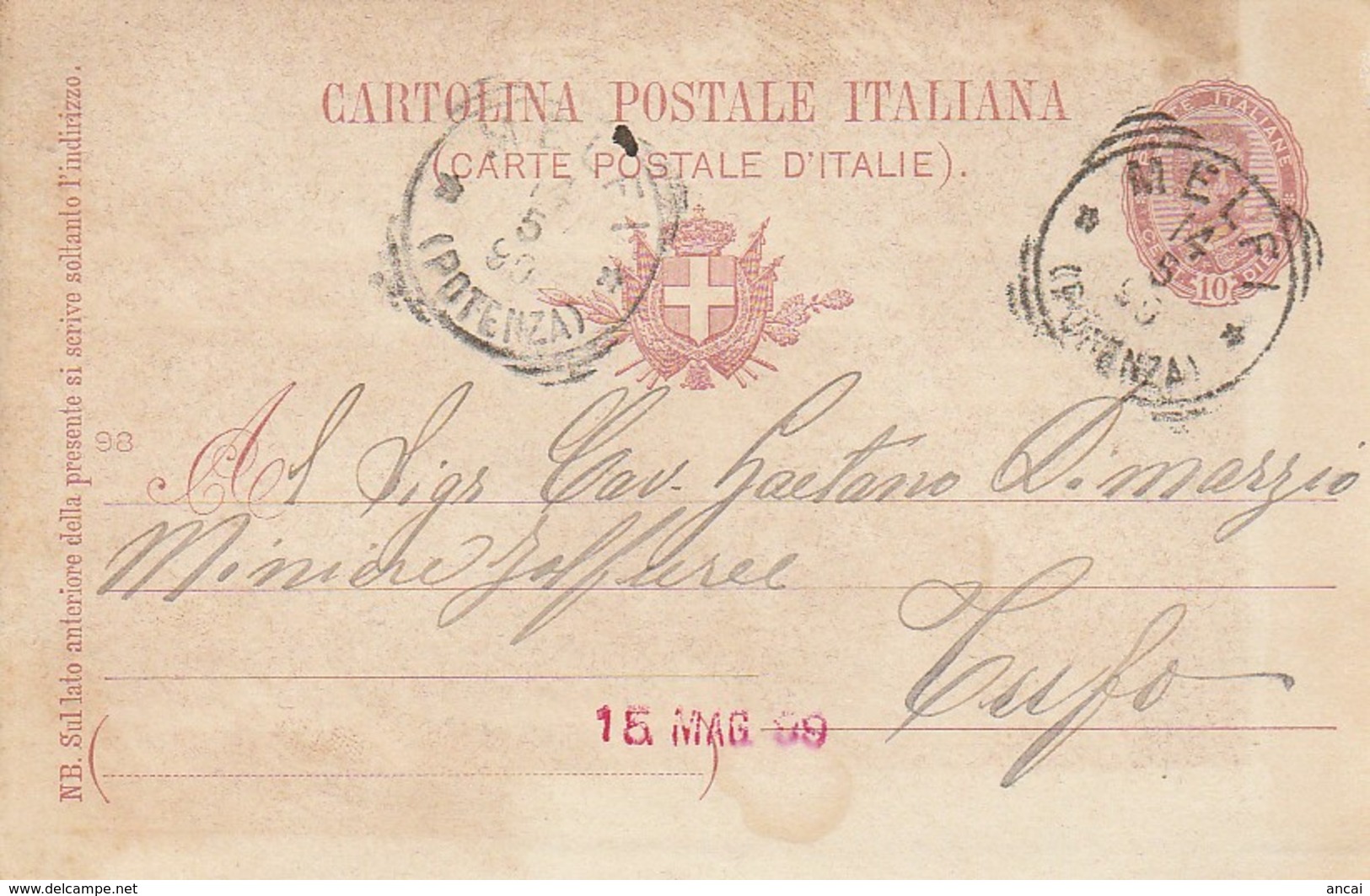 Melfi. 1899. Annullo Tondo Riquadrato MELFI (POTENZA), Su Cartolina Postale, Con Testo - Storia Postale