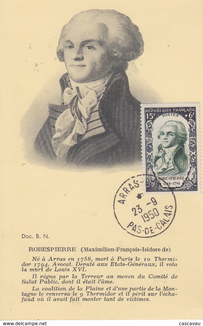 Carte  Maximum   FRANCE    ROBESPIERRE   ARRAS    1950 - 1950-1959