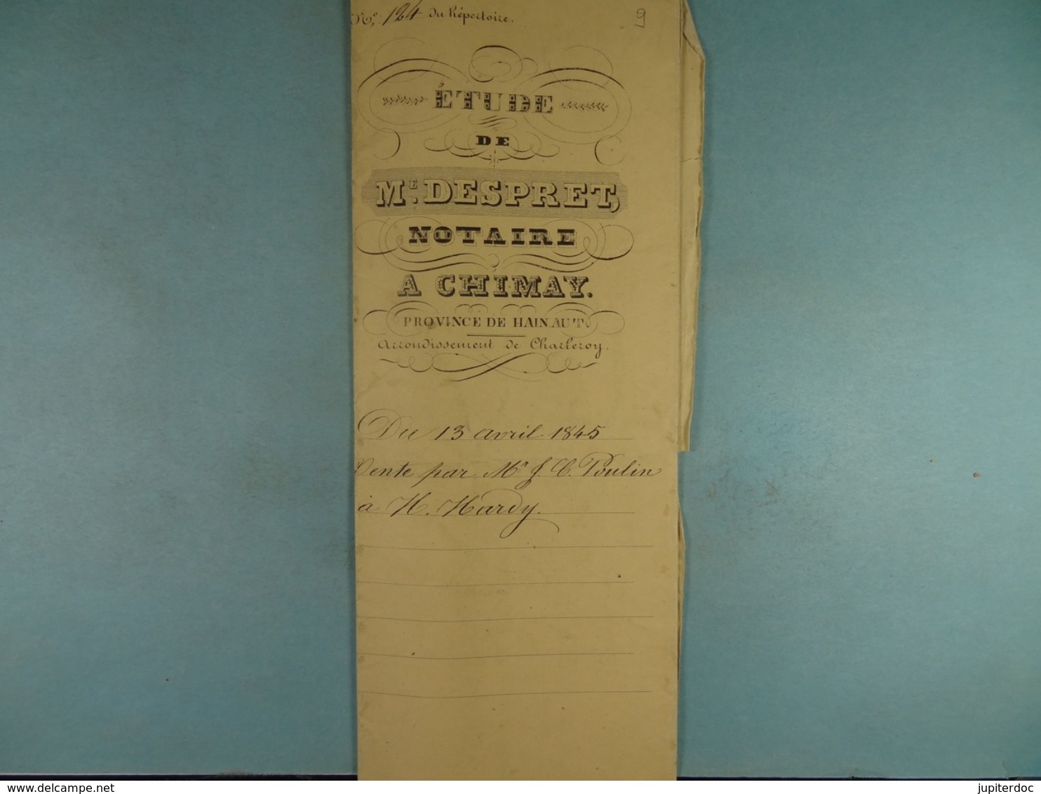 Acte Notarié 1845 Vente Par Poulin De Chimay à Hardy De Vaulx /8/ - Manuscrits