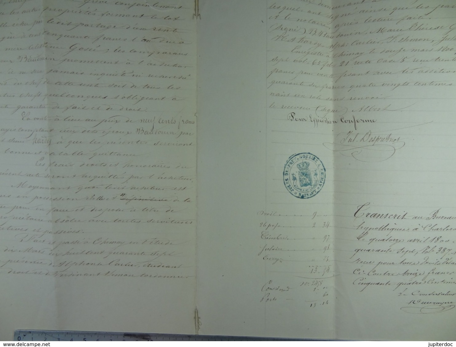 Acte Notarié 1847 Vente Par Gosée De Virelles  à Hardy De Vaulx /11/ - Manuscrits