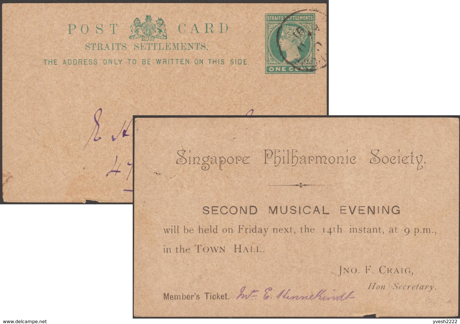 Straits Settlements 1894. Carte Postale, Entier Repiqué Singapore Philharmonic Society, Second Musical Evening Town Hall - Straits Settlements