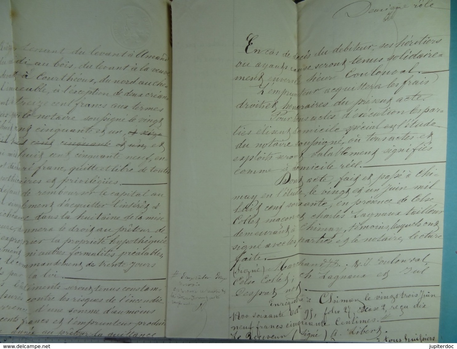 Acte Notarié 1860 Obligation Par Marchand De Rièzes à Coulonval De Vaulx /13/ - Manuscrits