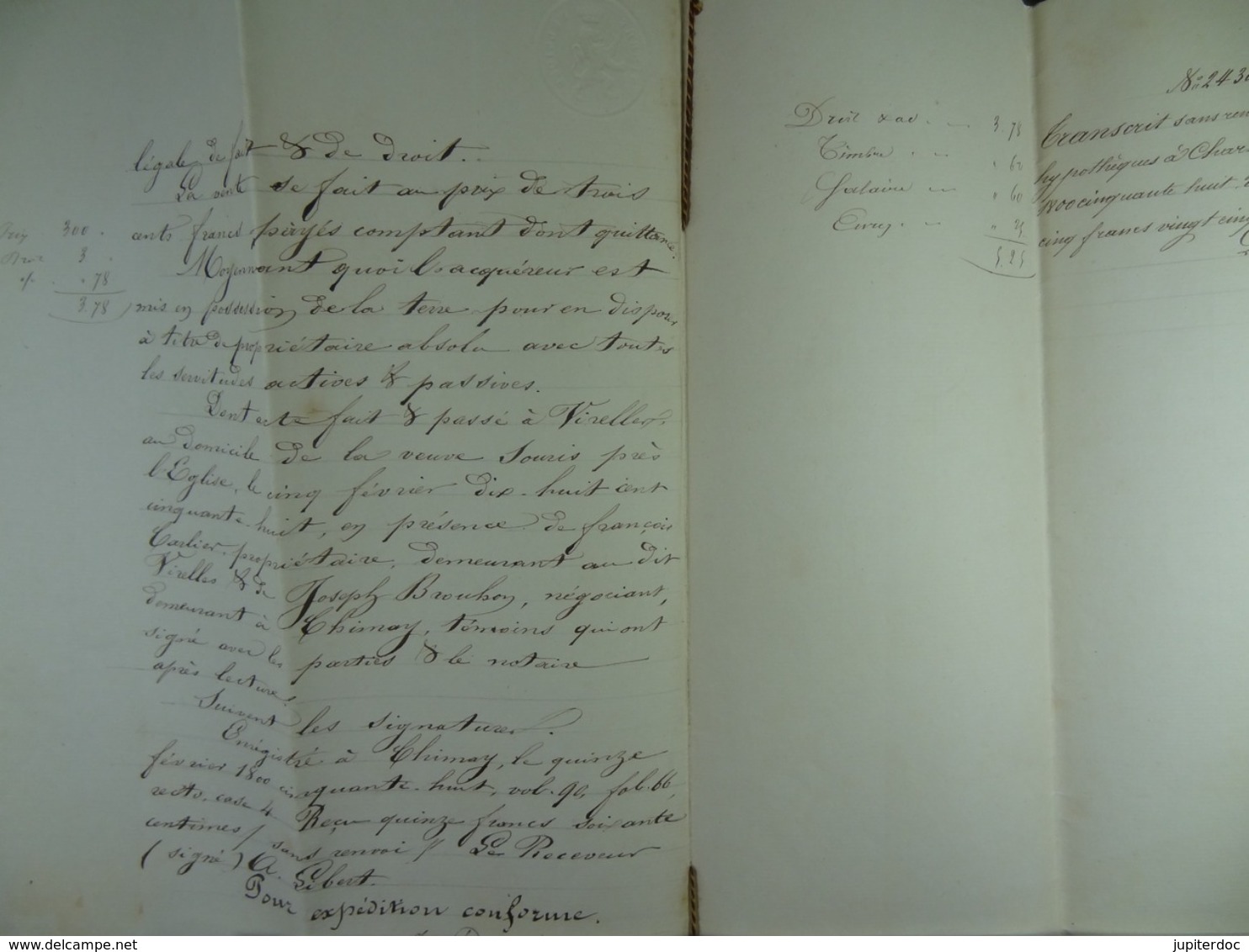 Acte Notarié 1856 Vente Par Gobin De Virelles à Coulonval De Vaulx /15/ - Manuscrits