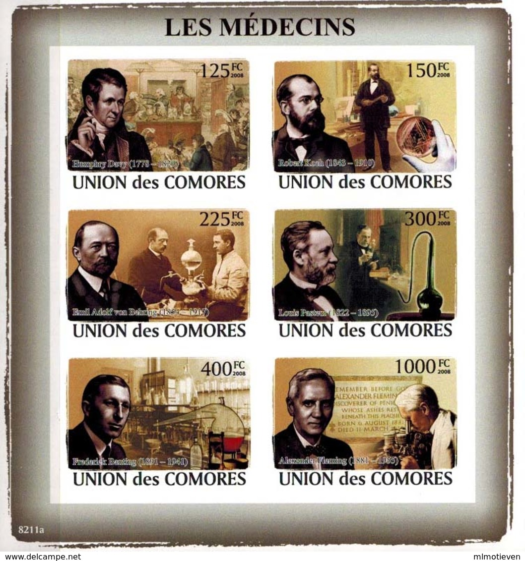 MMA-BK1-255 MINT ¤ COMORES 2008 6w In Serie (IMPERF.) ¤ LES MEDECINS - LOUIS PASTEUR - AND OTHER - Louis Pasteur