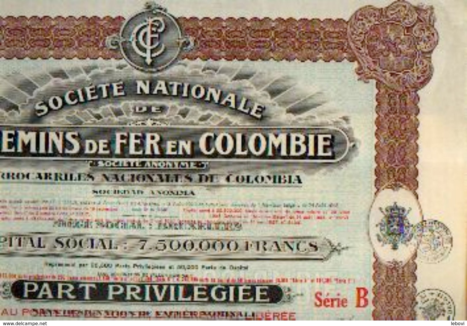 BRUXELLES) « Société Nationale De Chemins D Fer En COLOMBIE SA – Série B» - Capital : 7.500.000 Fr – Part Privilégiée -> - Chemin De Fer & Tramway