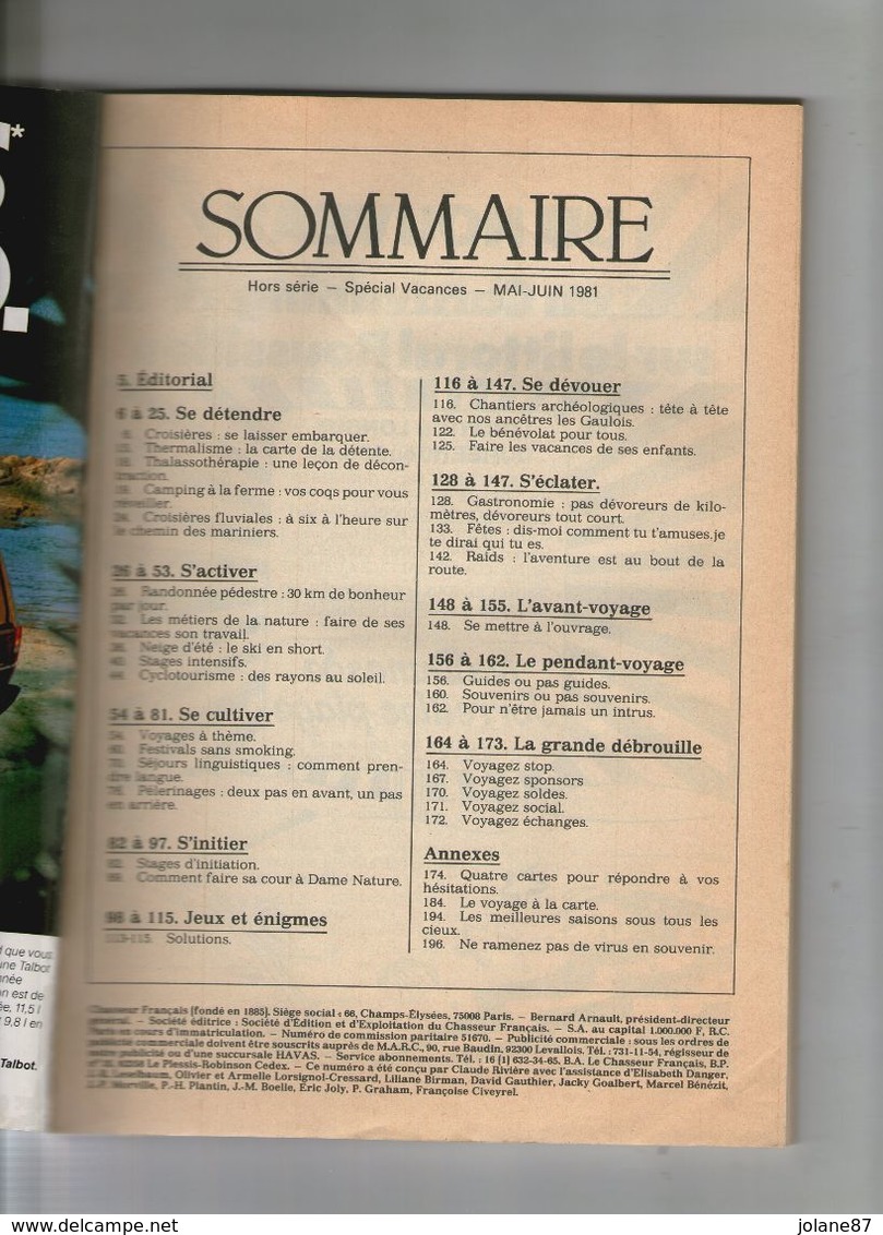 LE CHASSEUR FRANCAIS     JUIN 1981        SPECIAL VACANCES     SOMMAIRE SUR SCAN - Jagen En Vissen