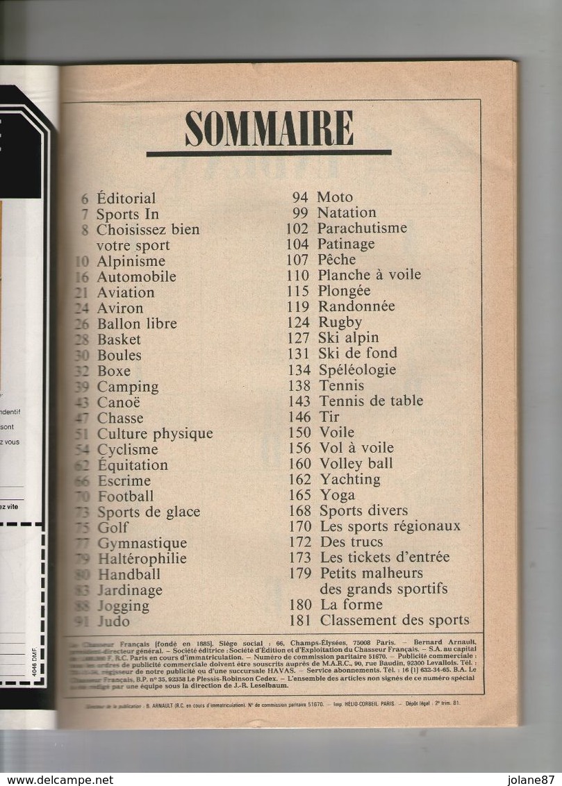 LE CHASSEUR FRANCAIS     MAI 1981        SPECIAL SPORTS ET LOISIRS      SOMMAIRE SUR SCAN - Jagen En Vissen