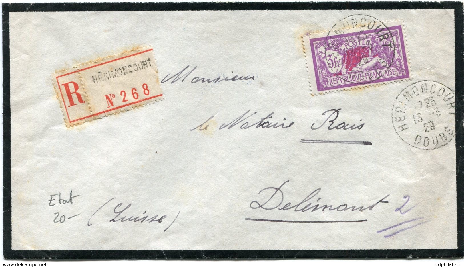 FRANCE LETTRE RECOMMANDEE DEPART HERIMONCOURT 13-3-29 DOUBS POUR LA SUISSE - Storia Postale