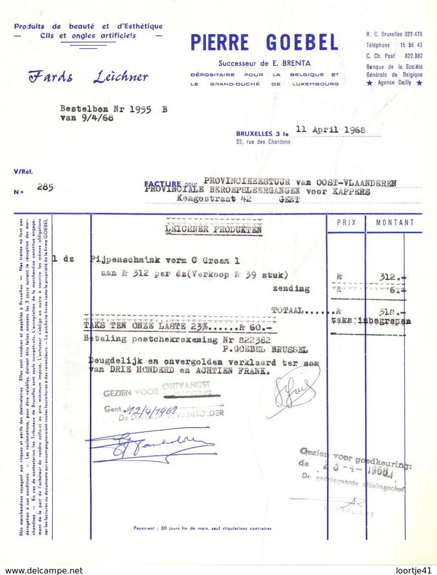 Factuur Facture - Produits De Beauté - Pierre Goebel - Bruxelles 1968 - Perfumería & Droguería