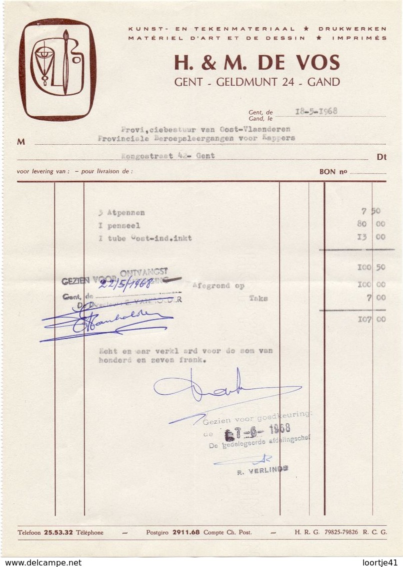 Factuur Facture - Drukwerken Papier - H & M. De Vos  - Gent 1968 - Printing & Stationeries