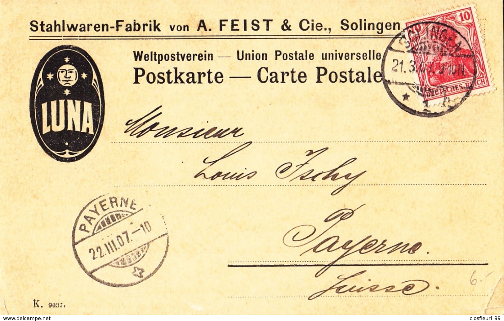 LUNA. Postkarte Stahlwaren Von A. Feist & Cie Solingen. 20.3.1907 - Briefe U. Dokumente