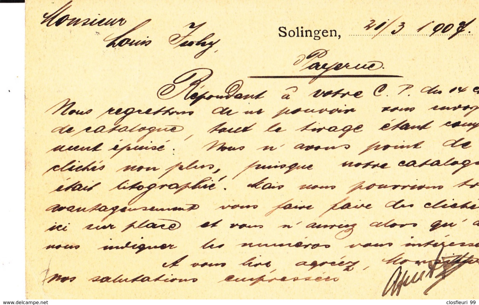 LUNA. Postkarte Stahlwaren Von A. Feist & Cie Solingen. 20.3.1907 - Briefe U. Dokumente