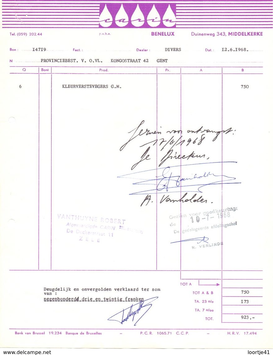 Factuur Facture - Carin - Benelux - Middelkerke 1968 - Droguerie & Parfumerie