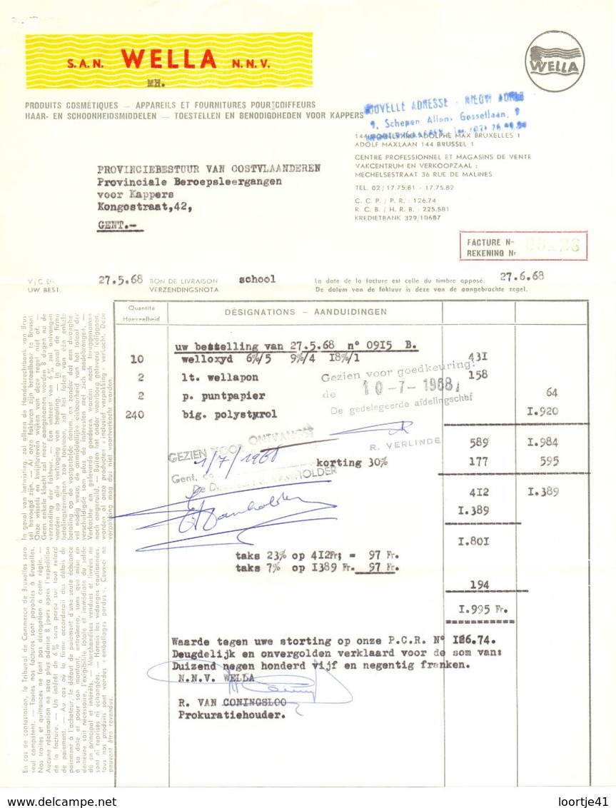 Factuur Facture - Produits Cosmétiques - Wella - Bruxelles Brussel 1968 - Chemist's (drugstore) & Perfumery