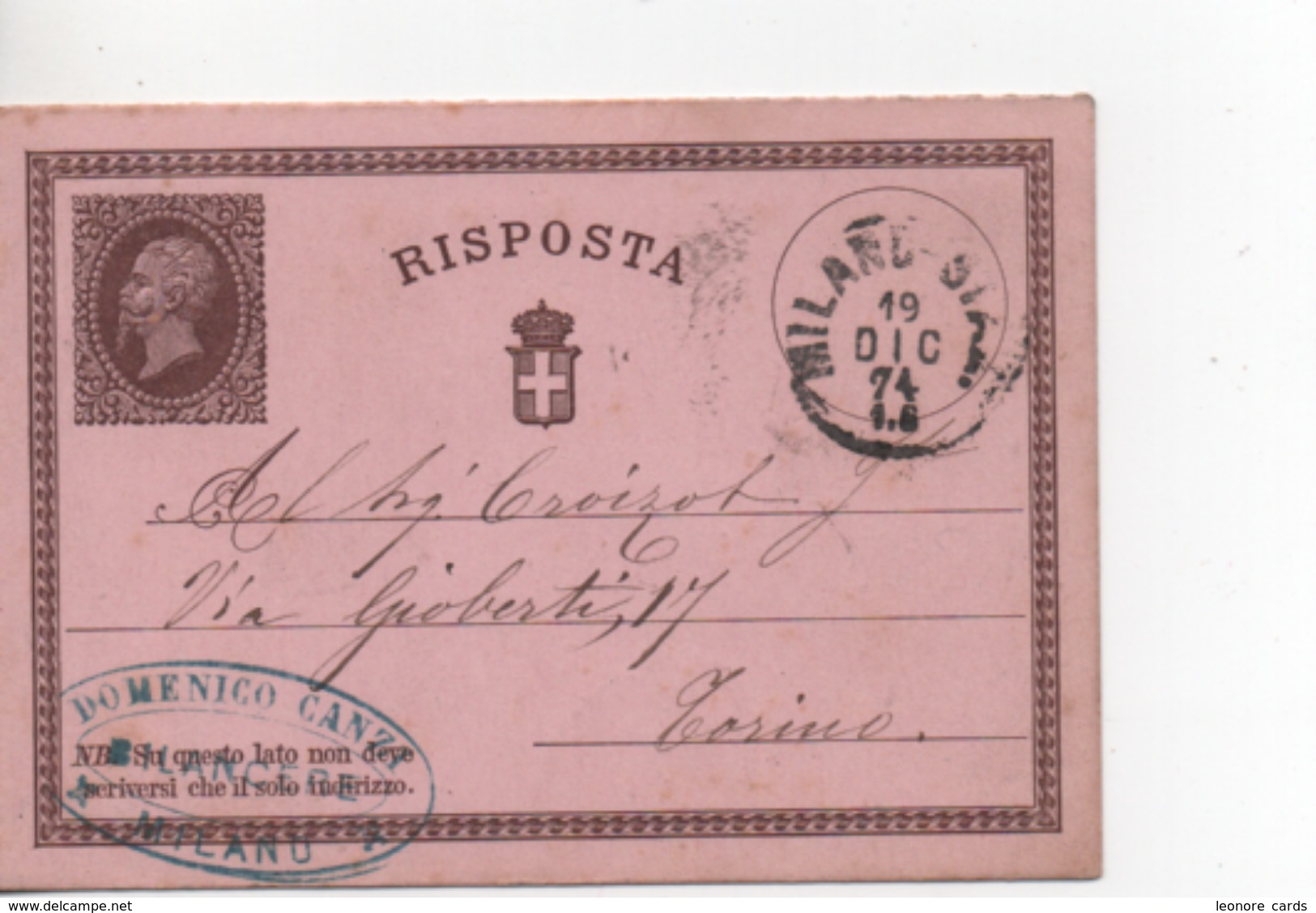 Timbre.Entier Postal.Italie.1874. - Ganzsachen