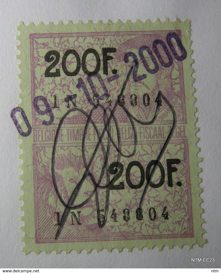 BELGIUM: Revenue Stamps ( X2 ) Each Of 200 Francs. Used On 9th October 2000. - Francobolli