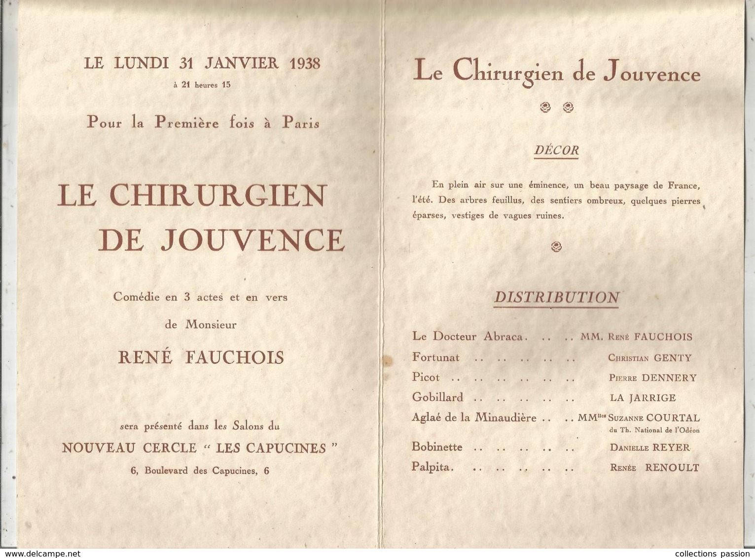 Programme , 1938 , Nouveau Cercle LES CAPUCINS , Le Chirurgien De Jouvence ,comédie En 3 Actes , Frais Fr 1.95 E - Programma's