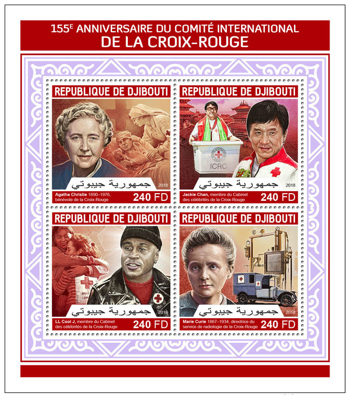 Djibouti 2018 Red Cross 155th Aniv Agatha Christie Marie Curie Jackie Chan LL Cool S/S DJB18217a - Andere & Zonder Classificatie