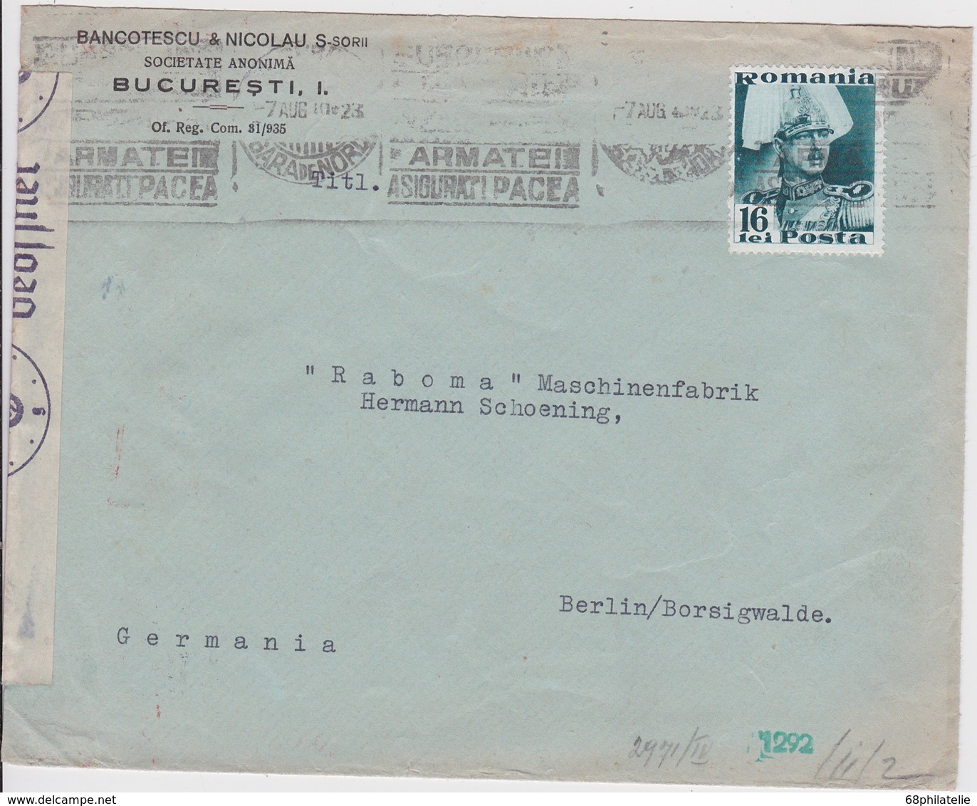 ROUMANIE LETTRE CENSUREE DE BUCAREST POUR BERLIN - Lettres & Documents