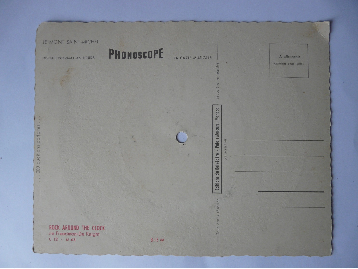 Carte Postale Disque Phonoscope "Rock Around The Clock" Avec Photo Du Mont Saint Michel - Country Et Folk