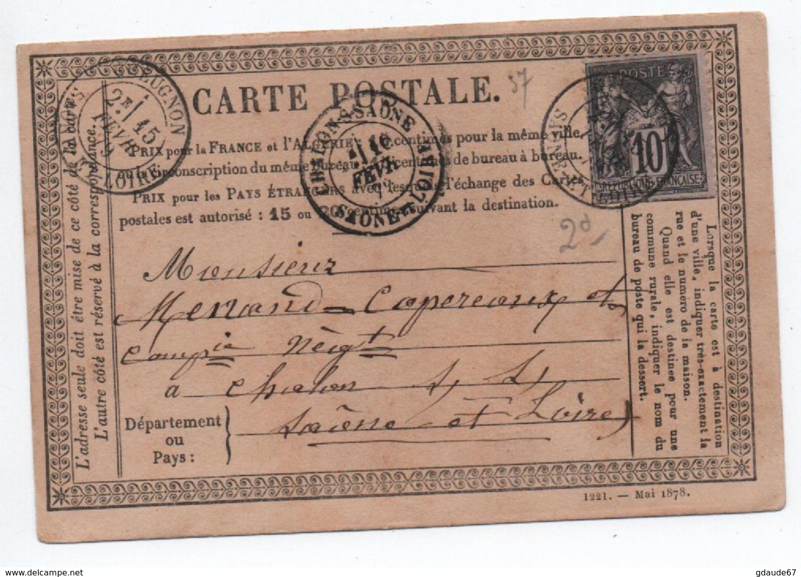1877 - CARTE PRECURSEUR De GUEUGNON (SAONE ET LOIRE) Avec SAGE - 1877-1920: Période Semi Moderne