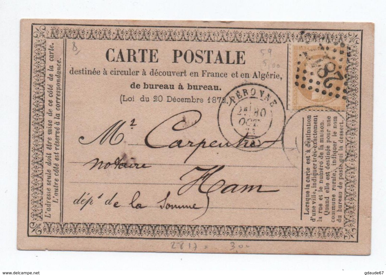 1873 - CARTE PRECURSEUR De PERONNE (SOMME) Avec GC 2817 - Cartes Précurseurs