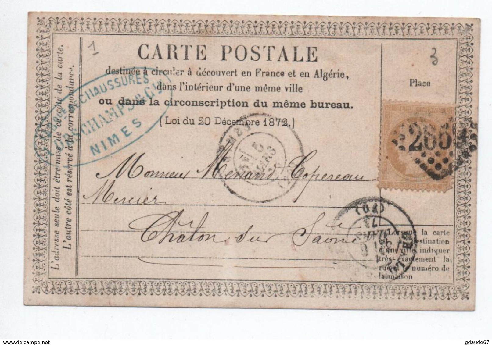 CARTE PRECURSEUR N°1 De NIMES (GARD) - 1849-1876: Période Classique