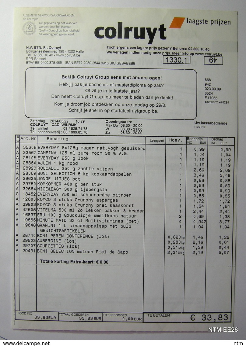 BELGIUM 2014 Colruyt Groccery Store Bill - Food