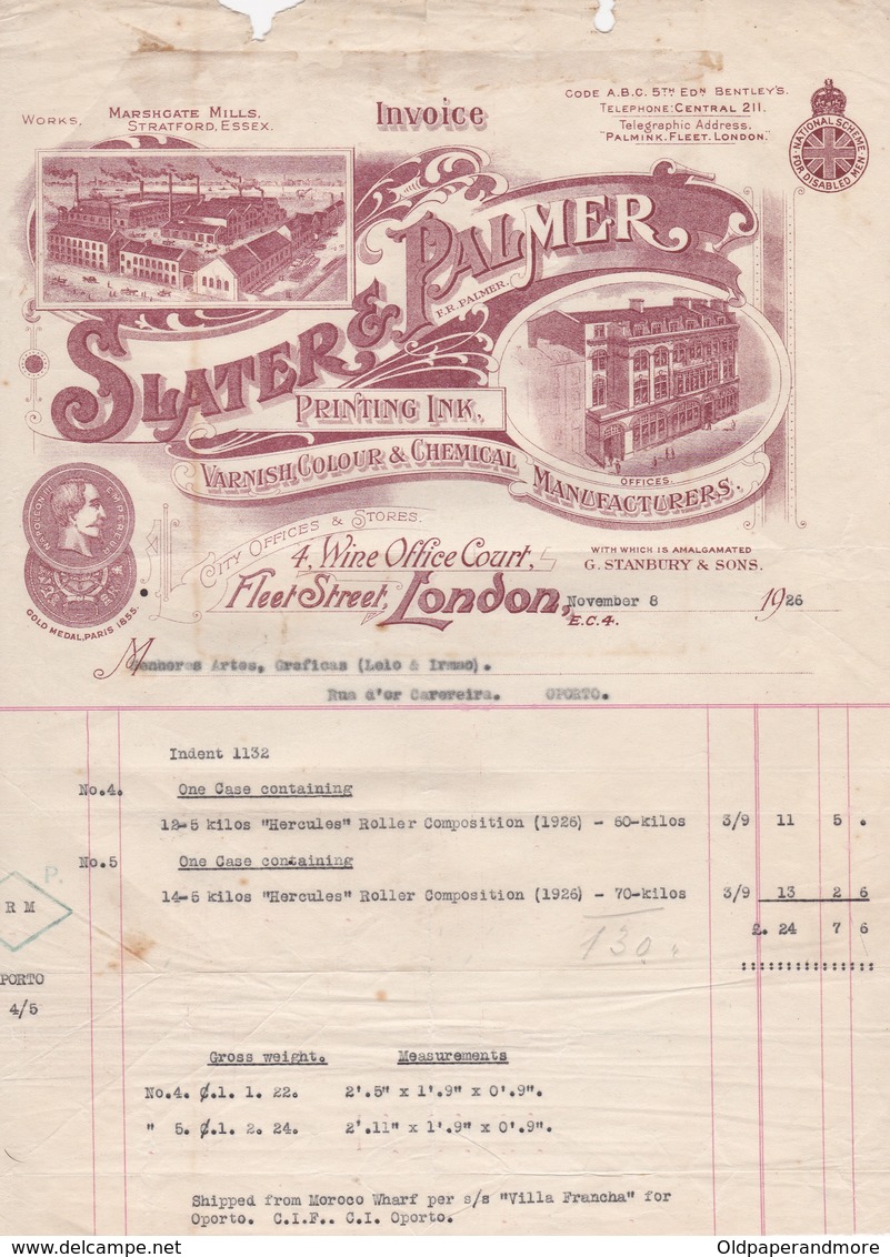 ENGLAND - LONDON  - COMMERCIAL INVOICE -  SLATER & PALMER - VARNISH, COLOUR & CHEMICAL MANUFACTURERS - 1926 - United Kingdom