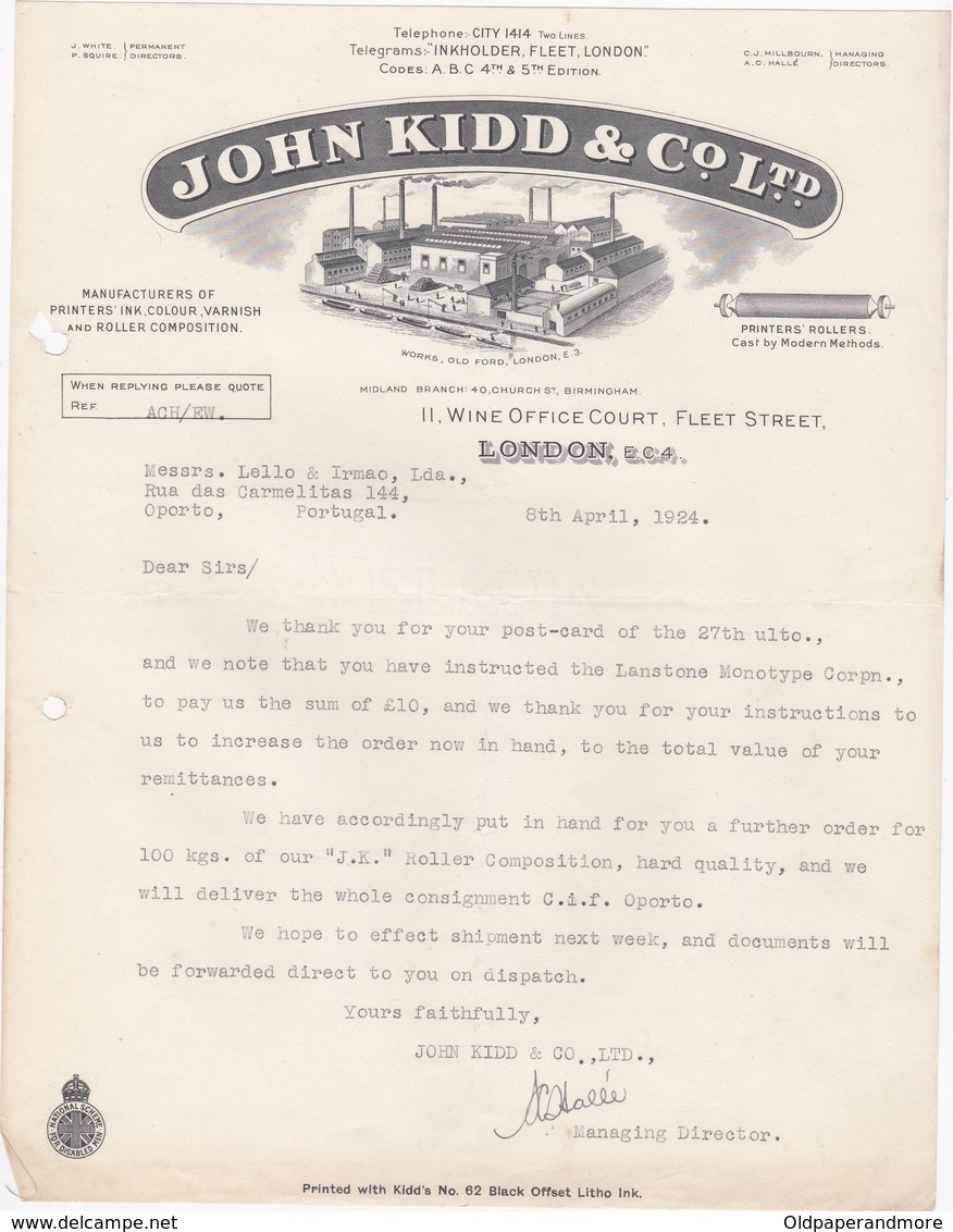 ENGLAND - LONDON  - COMMERCIAL DOCUMENT -  JOHN KIDD & Cº. Ltd. - MANUFACTURERS OF PRINTERS   - 1924 - Royaume-Uni