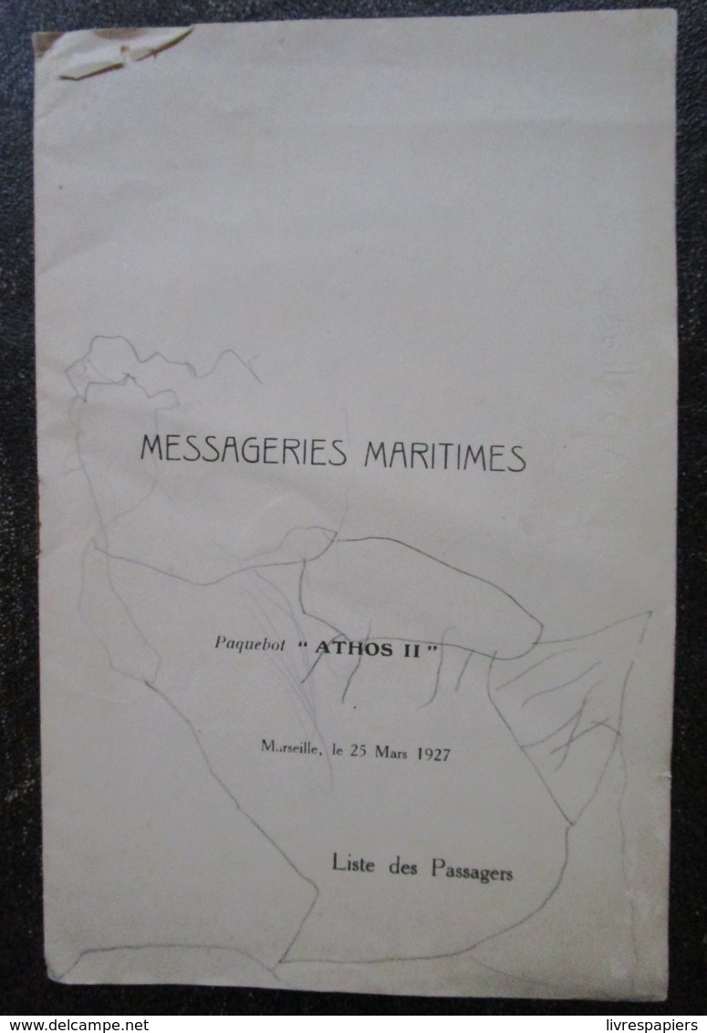 Messageries Maritimes  Liste Des Passagers Paquebot Athos II 25 Mars 1927 Ligne Chine Et Japon - Other & Unclassified