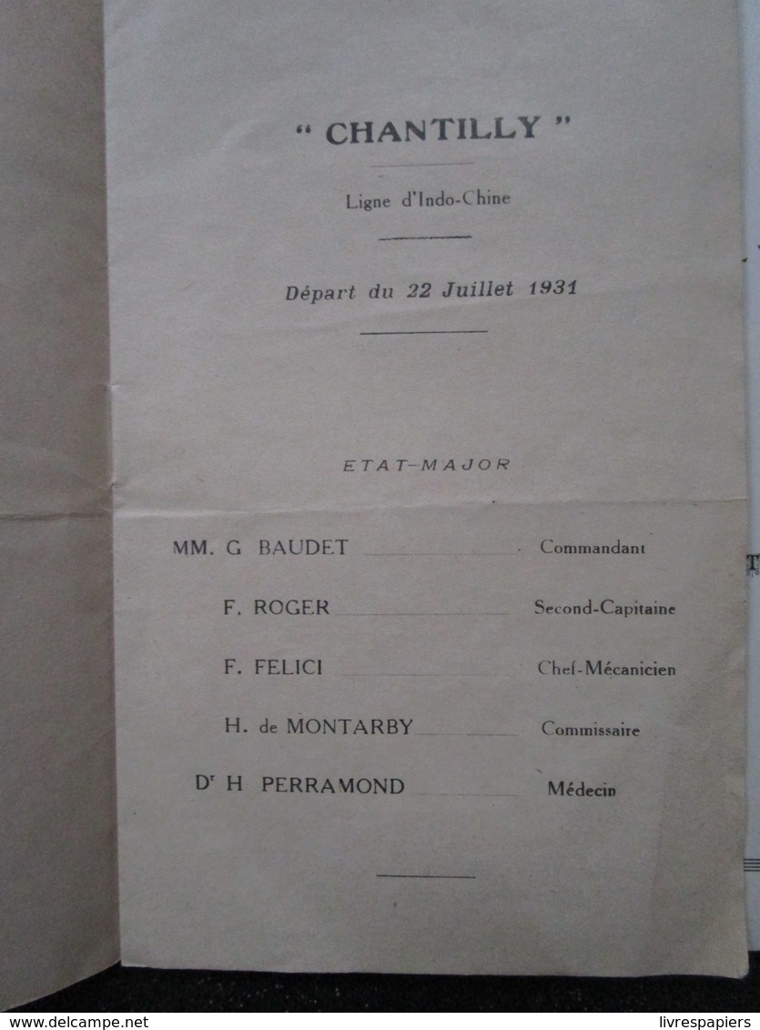 Messageries Maritimes  Liste Des Passagers Paquebot Chantilly 22 Juillet 1931 Ligne Indochine + 2 Programes Concert - Menu