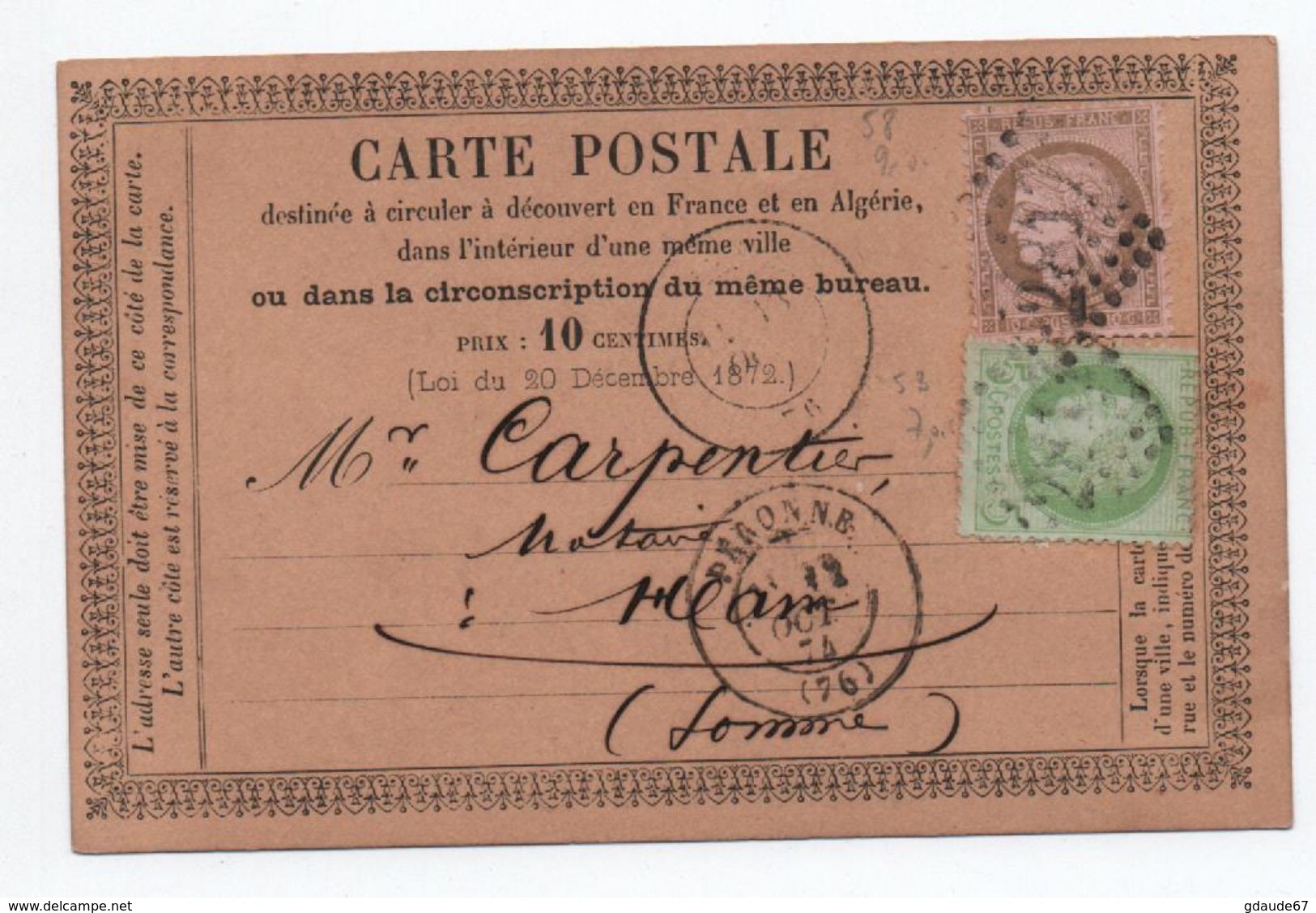1874 - CARTE PRECURSEUR De PERONNE (SOMME) Avec GC 2817 Sur N° 53 & 58 - 1849-1876: Klassik
