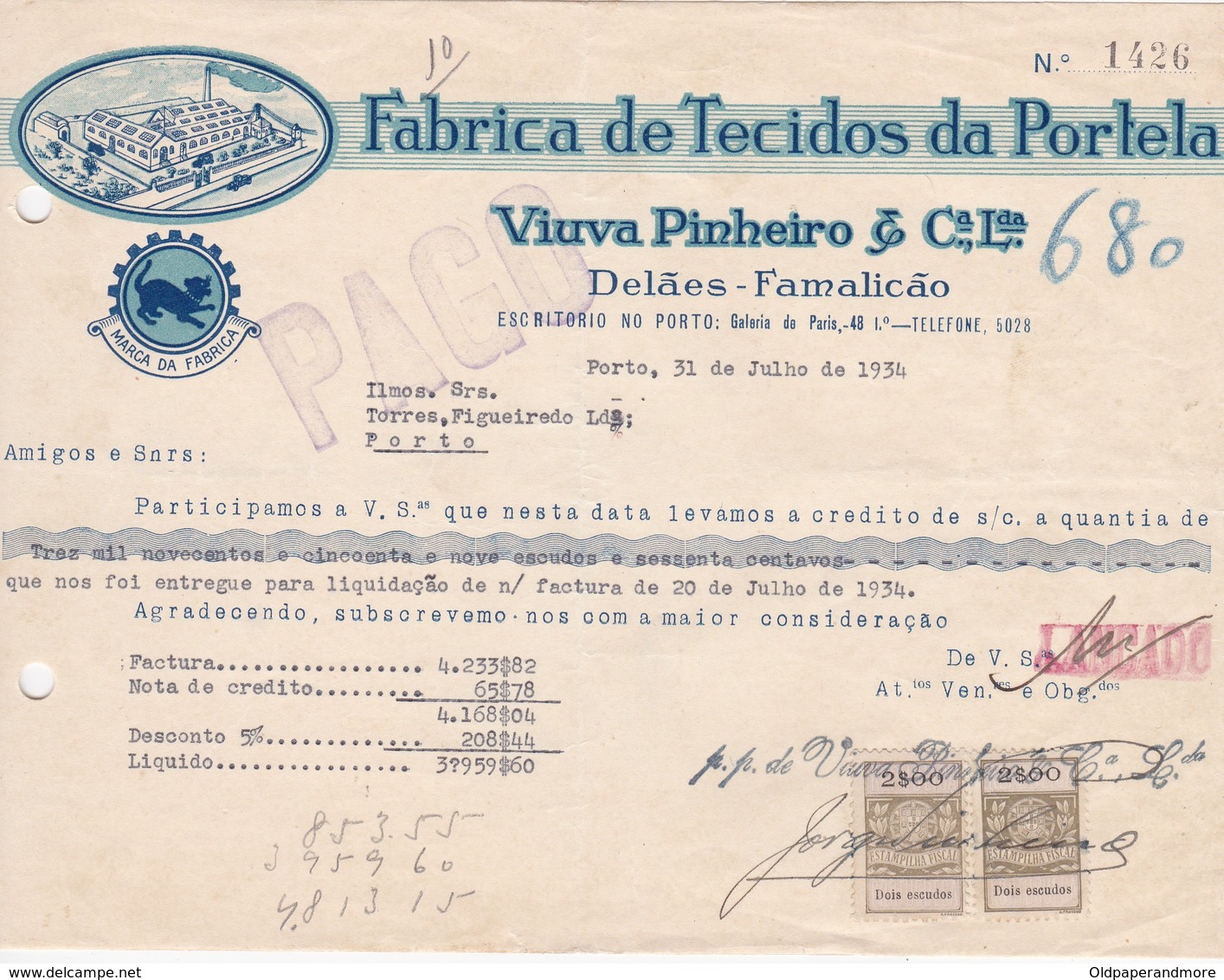 PORTUGAL - FAMALICÃO  - COMMERCIAL INVOICE - FABRICA DE TECIDOS DA PORTELA - DELÃES - 1934 - FISCAL STAMPS - Portugal