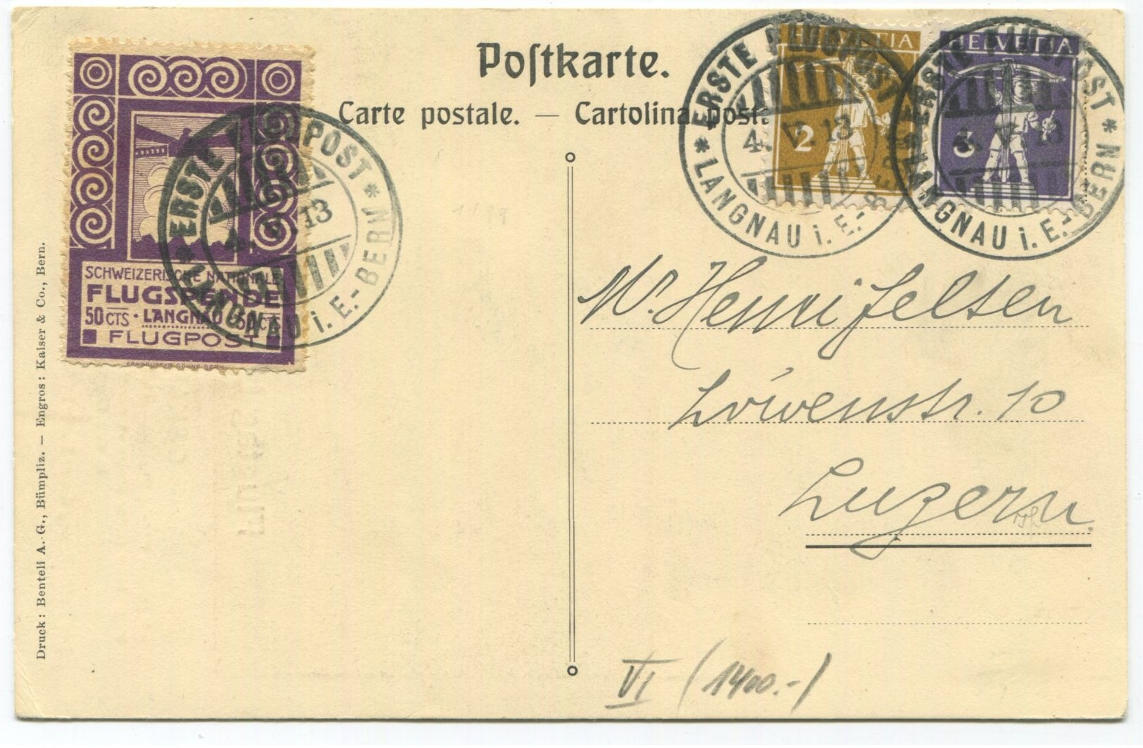 1778 - Pionierflug - Vorläufer LANGNAU Auf Offizieller Flugpostkarte Nach LUZERN - Premiers Vols