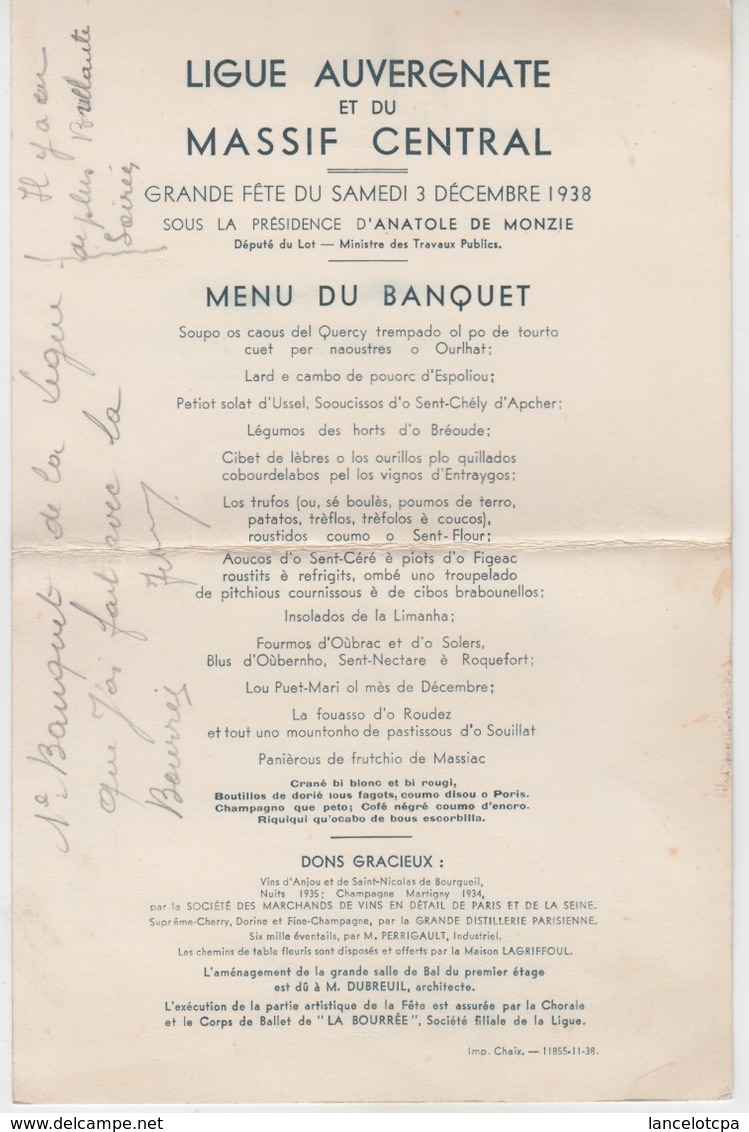 MENU Grand Format 3 Décembre 1938 / LIGUE AUVERGNATE ET DU MASSIF CENTRAL - Menú