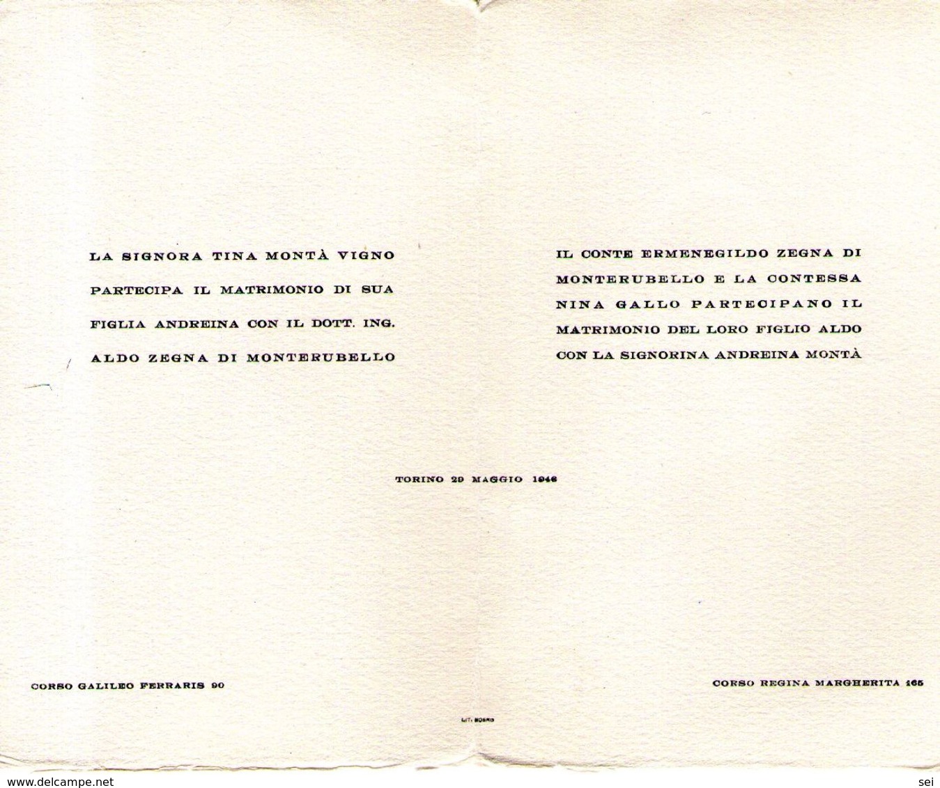 B 1758 -  Partecipazione Di Nozze, Torino 1946 - Annunci Di Nozze