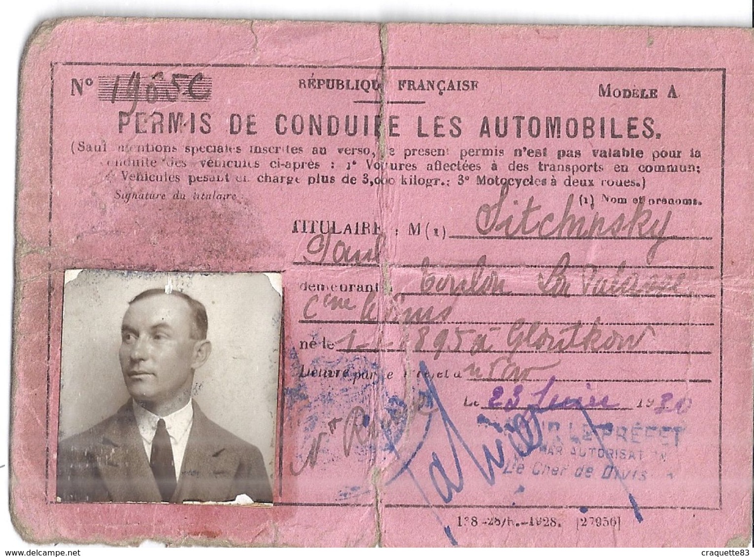 PERMIS DE CONDUIRE LES AUTOMOBBILES-RF- N° 19650- MODELE A 1931. DEMEURANT A TOULON VAR  LA PALASSE - Other & Unclassified