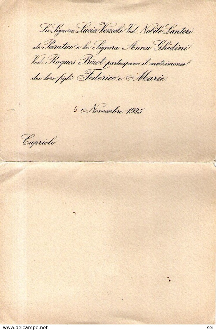 B 1761 -  Partecipazione Di Nozze, Capriolo Brescia 1925 - Wedding