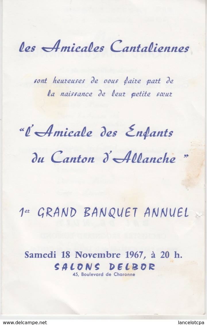 MENU 1967 - BANQUET De L'AMICALE DES ENFANTS DU CANTON D' ALLANCHE - Menus