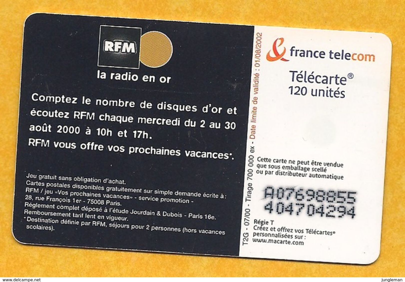 Télécarte 120 Unités - RFM La Radio En Or - Le Soleil Donne - 2000 - 2000