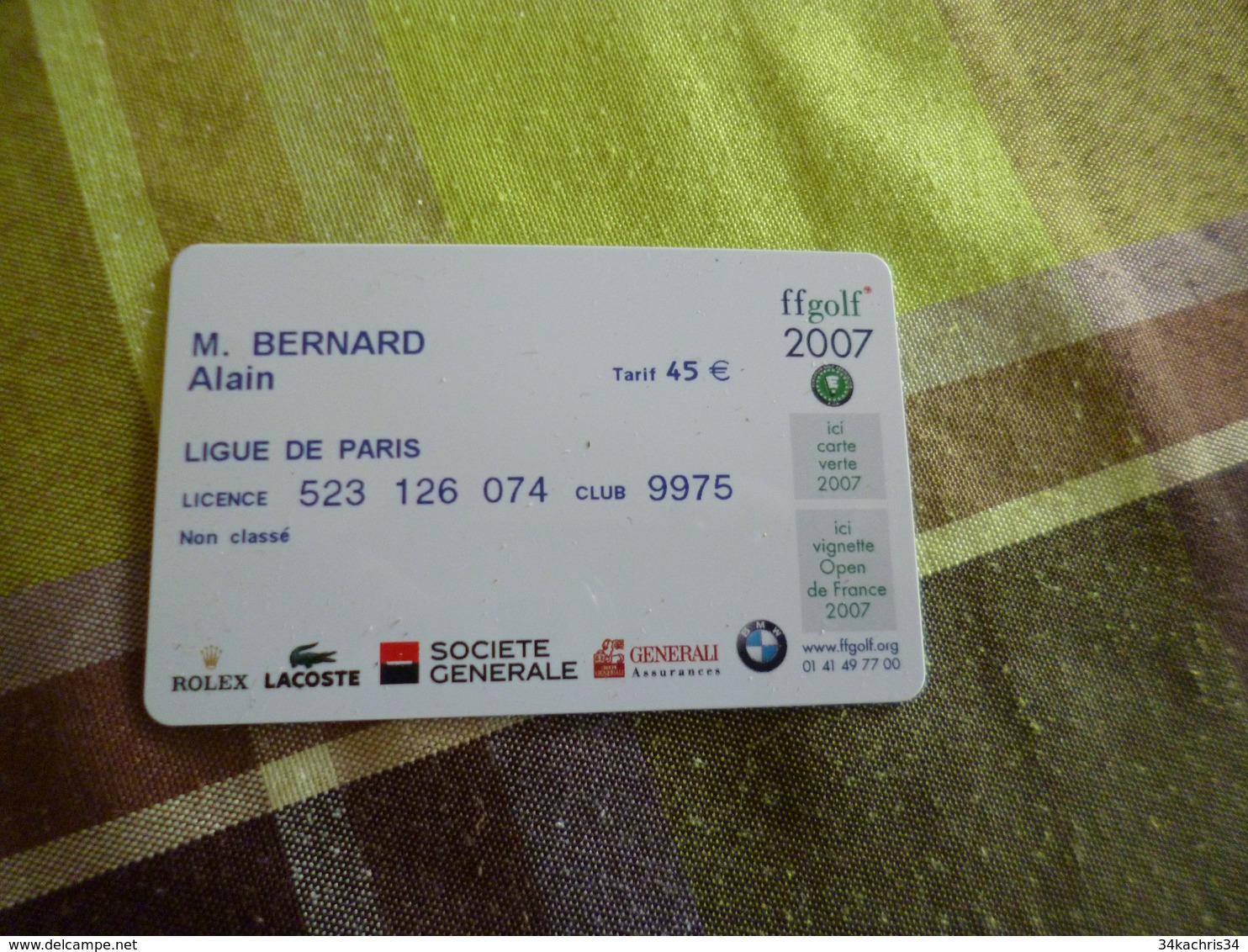 Carte Licence Assurance 2007 Golf FFGOLF - Autres & Non Classés