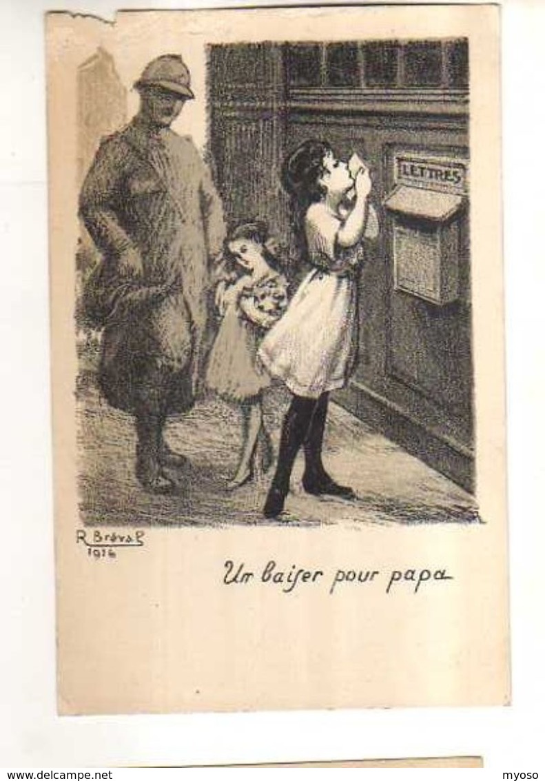 Illustrateur BREVAL 1916,Un Baiser Pour Papa, Militaire, Fillettes, Boite A Lettres,oeuvre Du Soldat Ardennais Paris - Other & Unclassified