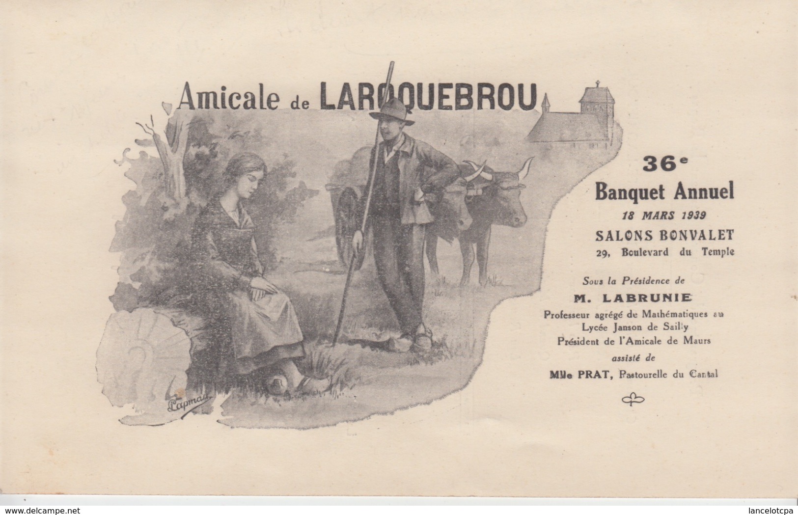 MENU 1939 - BANQUET ANNUEL De L'AMICALE DE LAROQUEBROU - Menus