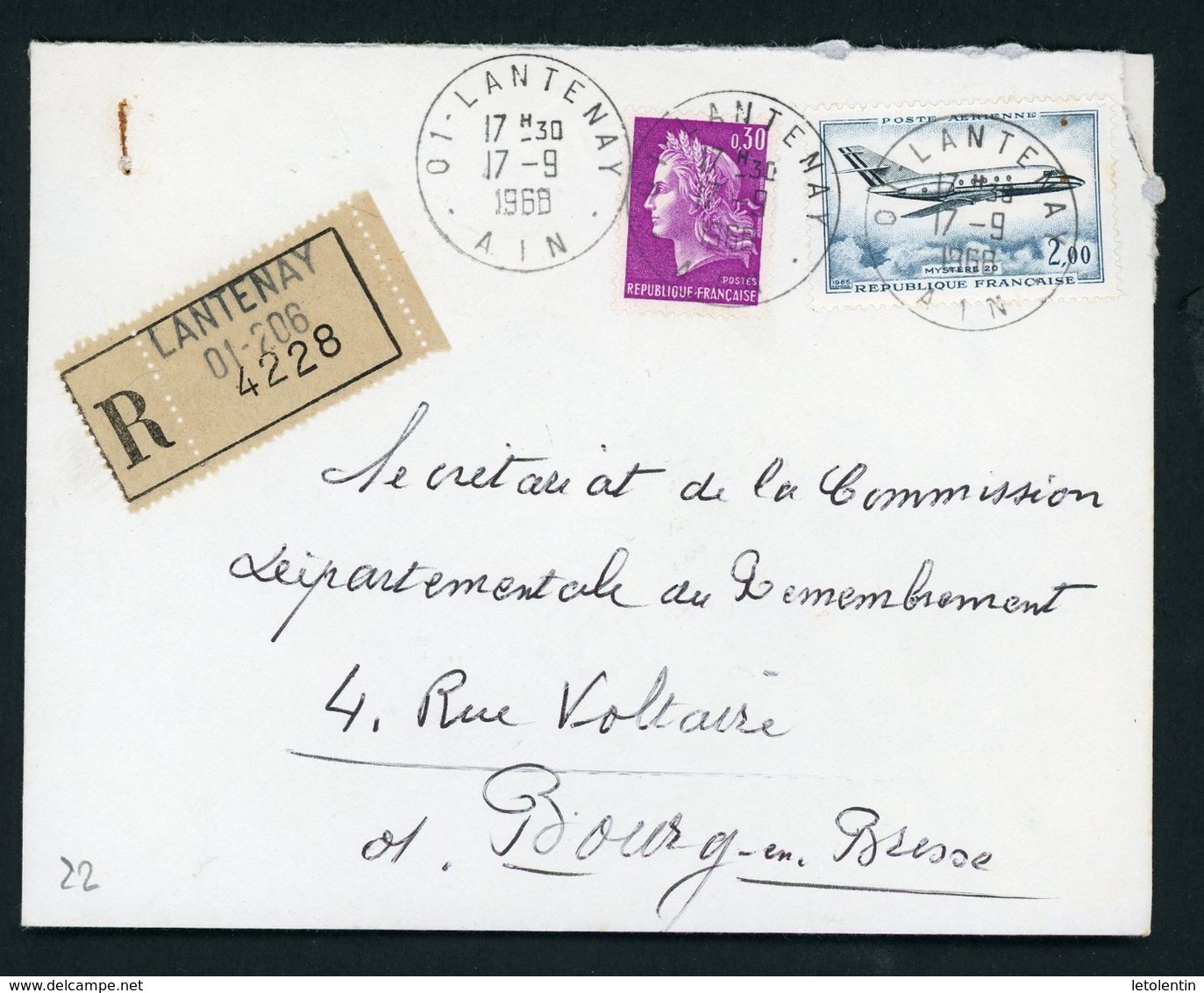 FRANCE - 0,30 TYPE CHEFFER - N° Yvert  1536 EN COMPLEMENT SUR LR DE LANTENAY DU 17/9/68 - 1967-1970 Marianne De Cheffer