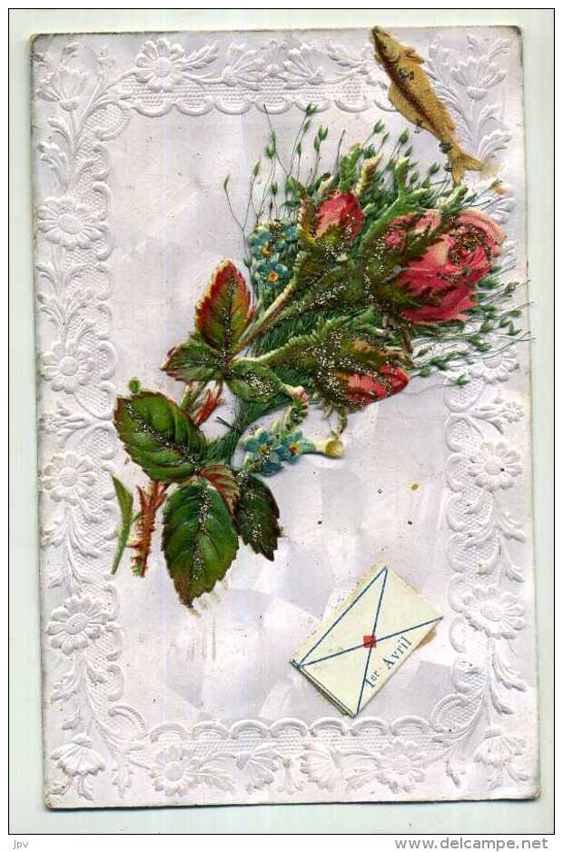 CARTE FANTAISIE CHROMOS 1er AVRIL AVEC SUPERBE BOUQUET DE FLEURS - Otros & Sin Clasificación