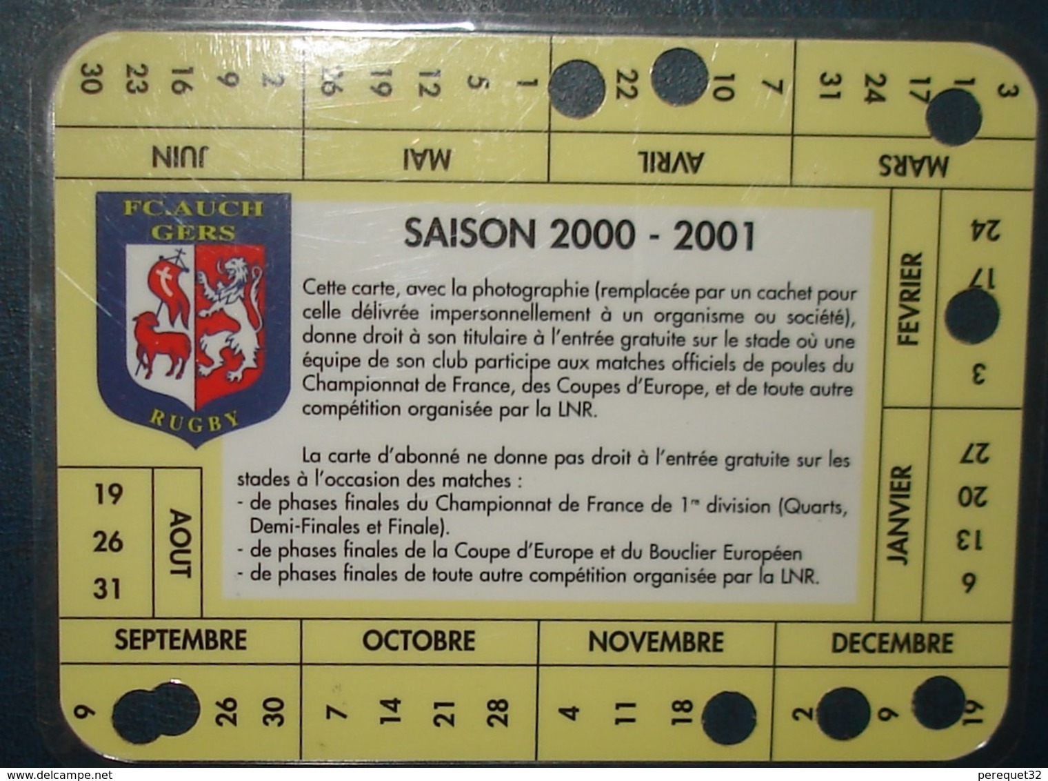 F.C AUCH.Carte Societaire Saison 2000 - 2001. - Rugby