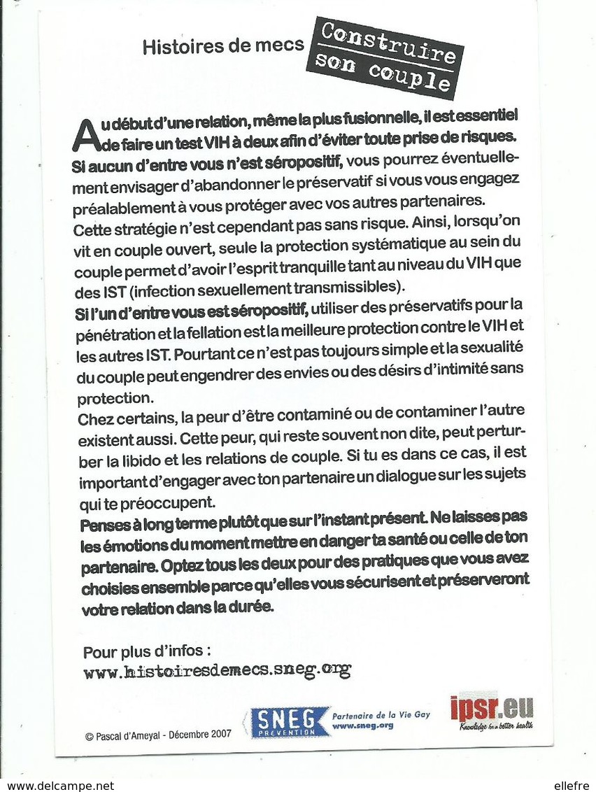 CPM Association SNEG Prévention Sida Histoire De Mec Couple Gay Jeu De Glace - 2007 - Scan Recto Verso - Santé