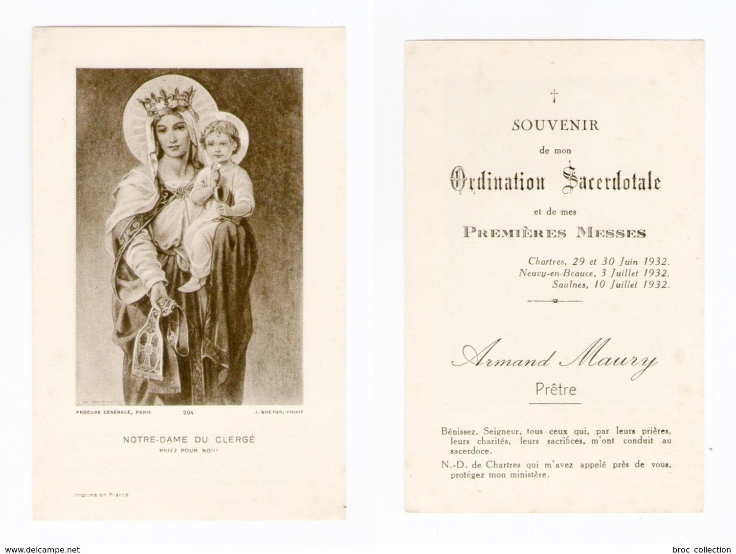 Chartres, Neuvy-en-Beauce, Saulnes, Ordination Secerdotale D'Armand Maury, 1932, Notre-Dame De Chartres - Devotieprenten