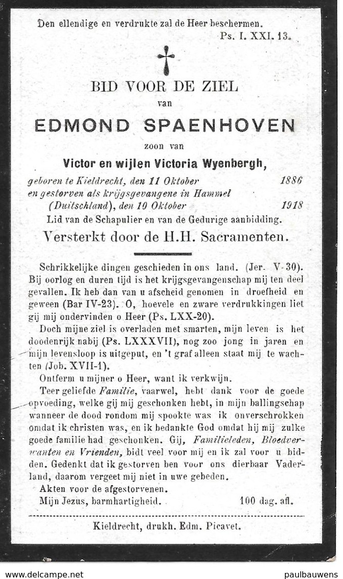 Kieldrecht-Beveren, 1918, Overlijden Krijgsgevangene In Hameln+ Bidprentje, Militair, Bericht Pastoor Concentratiekamp - Beveren-Waas